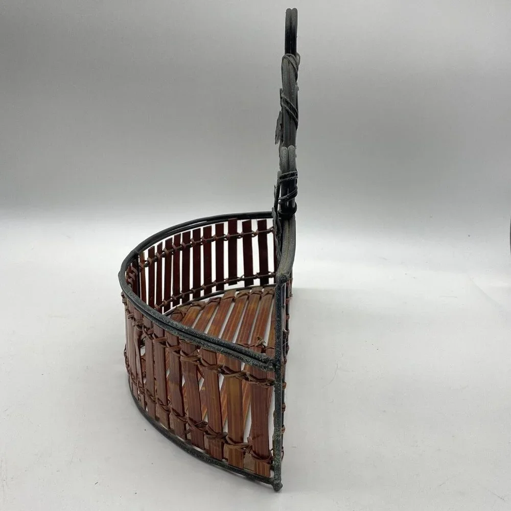 Wall Pocket Basket Semicircle Wood Slat Metal Grape Leaf Scroll French Country‎